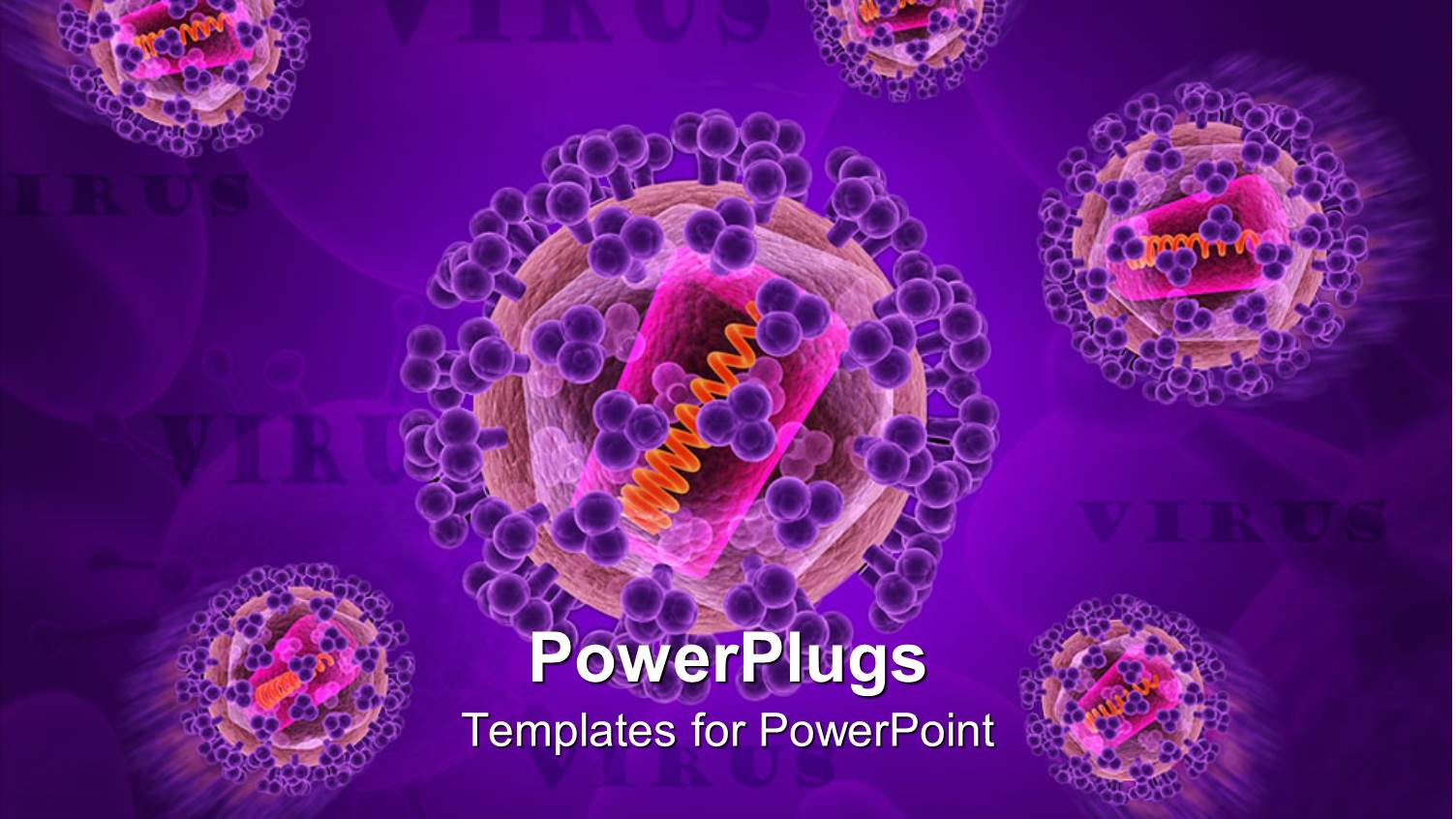 Medical Theme Depicting Isolated Viruses with Words Virus on a Purple Background