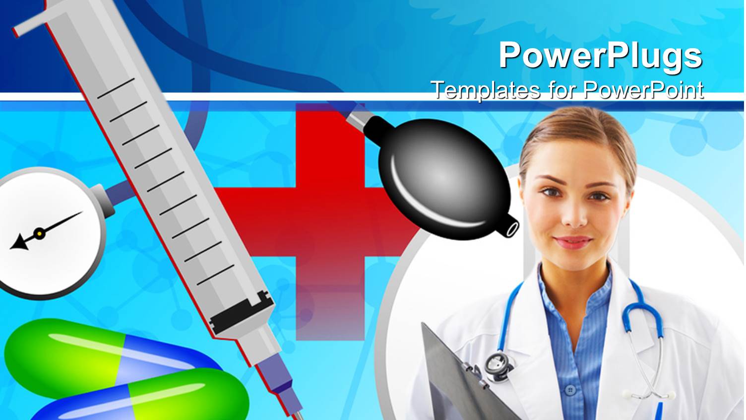 Medical Theme with Doctor Nurse with Stethoscope and Patients Record, Syringe with Needle, Medicine and Capsules, Blood