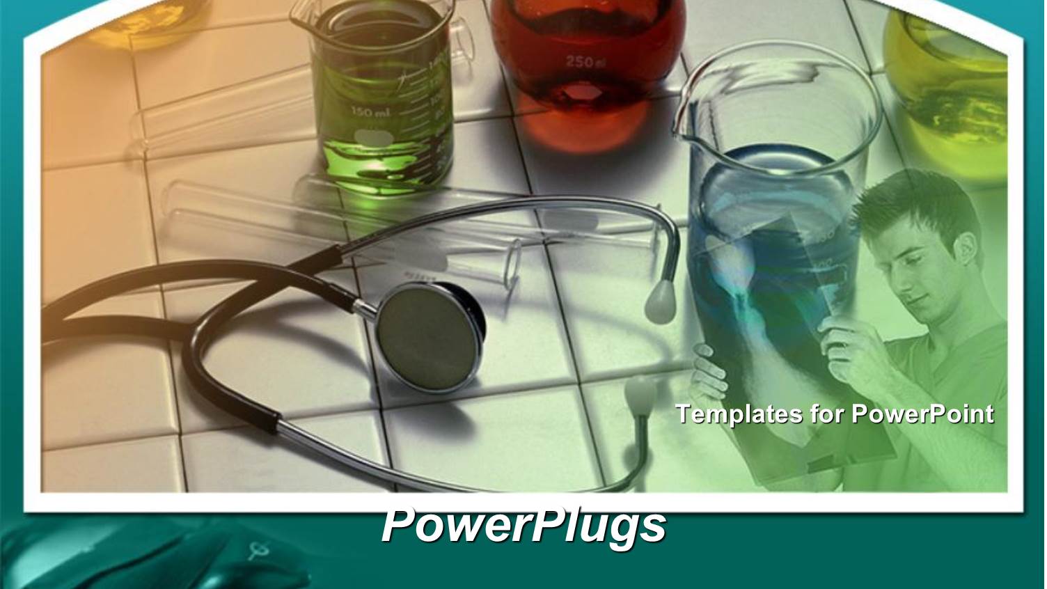 Medical Theme with Stethoscope and Radiologist Checking X Ray Film Lab Tubes and Vials with Liquids