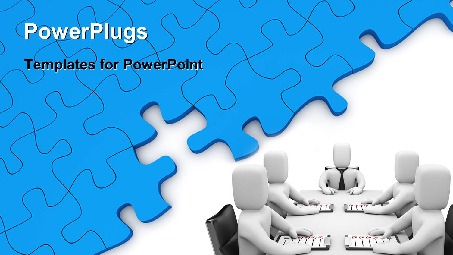 3D Men Sit at Conference Table with Blue Jigsaw Puzzle in Background