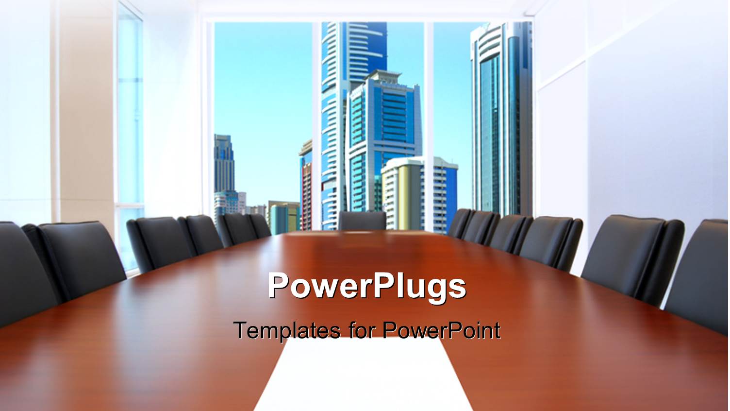 Meeting Room in Front Focus, Sheet of Paper and Pen on Table with Buildings in Background