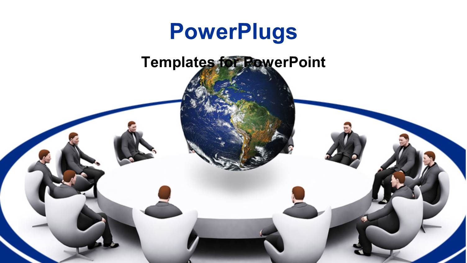 Men Seated Round White Conference Table with Earth Globe Centered on Table