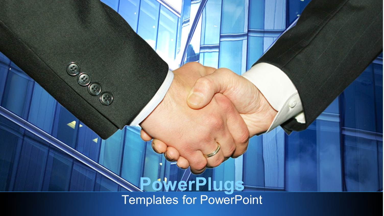 Men Shake Hands with Blue Tall Tower in Background