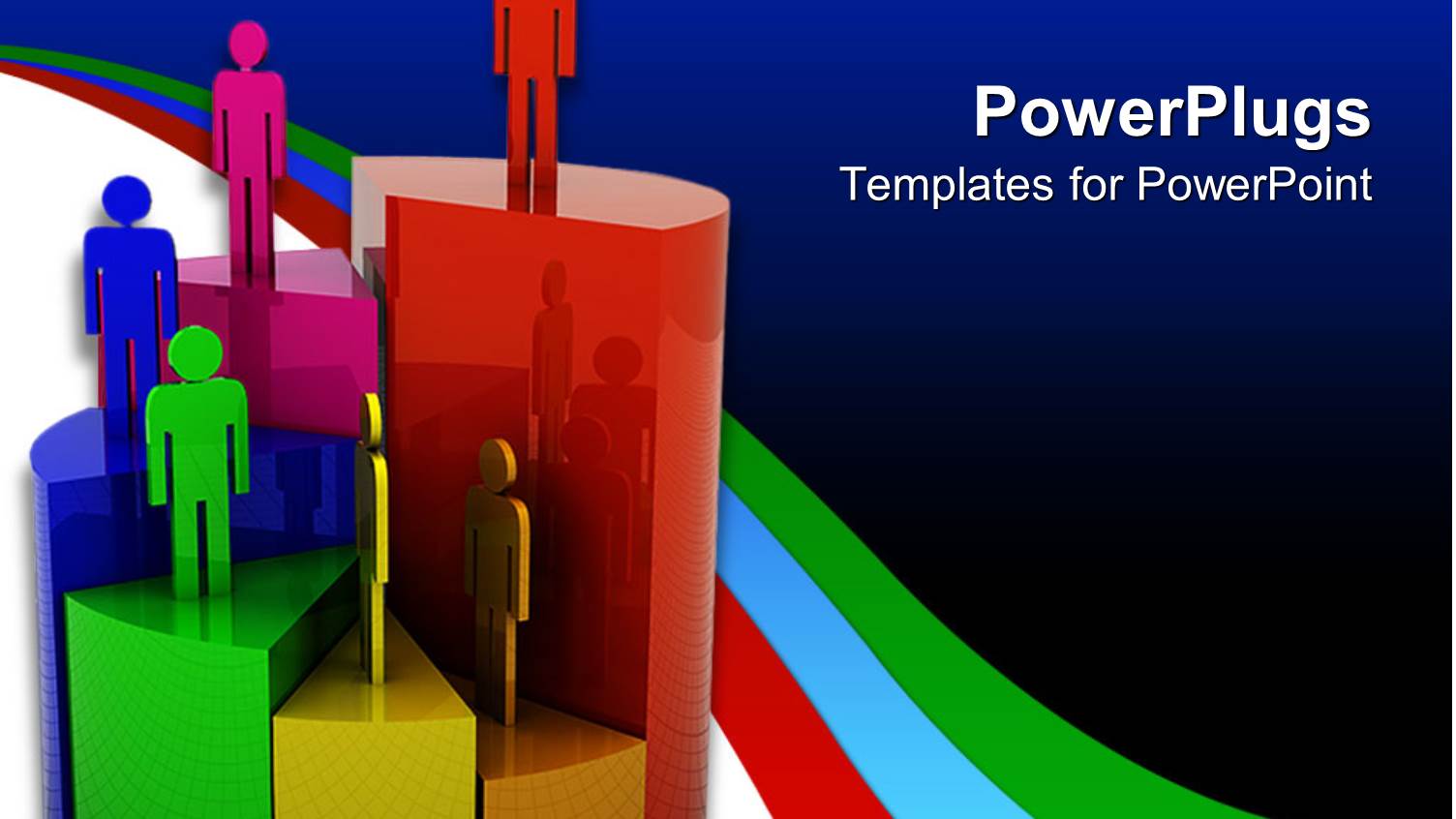 Men Standing on 3D Pies of Colored Pie Chart
