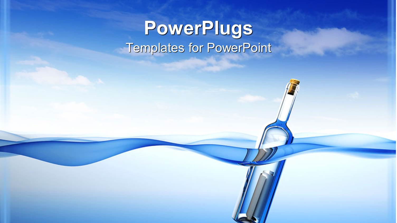 Message in Bottle Floating in the Water on Bright Blue Sky Background