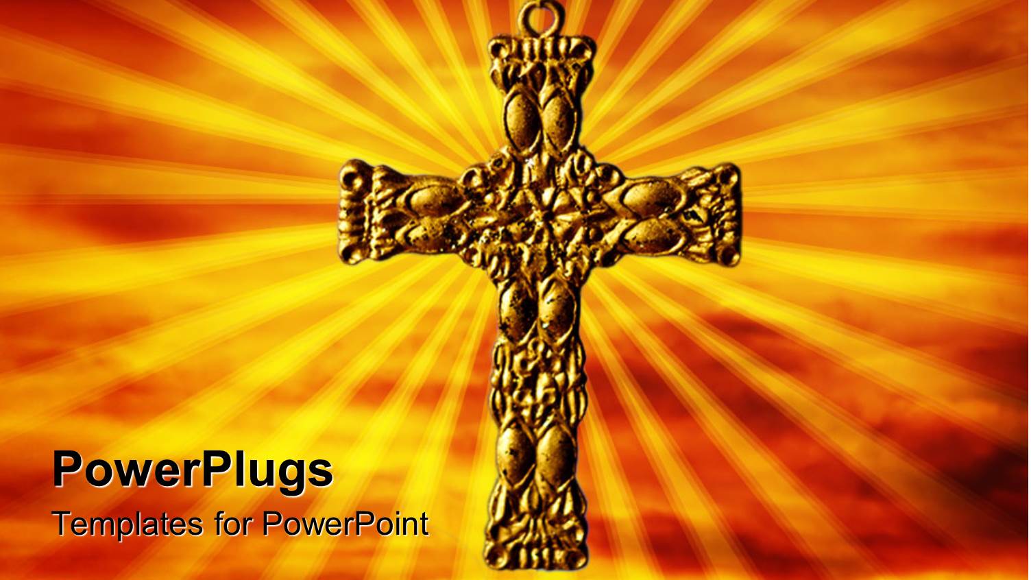 Metal Gold Cross on Necklace with Sun Rays Surrounding it on Orange Background