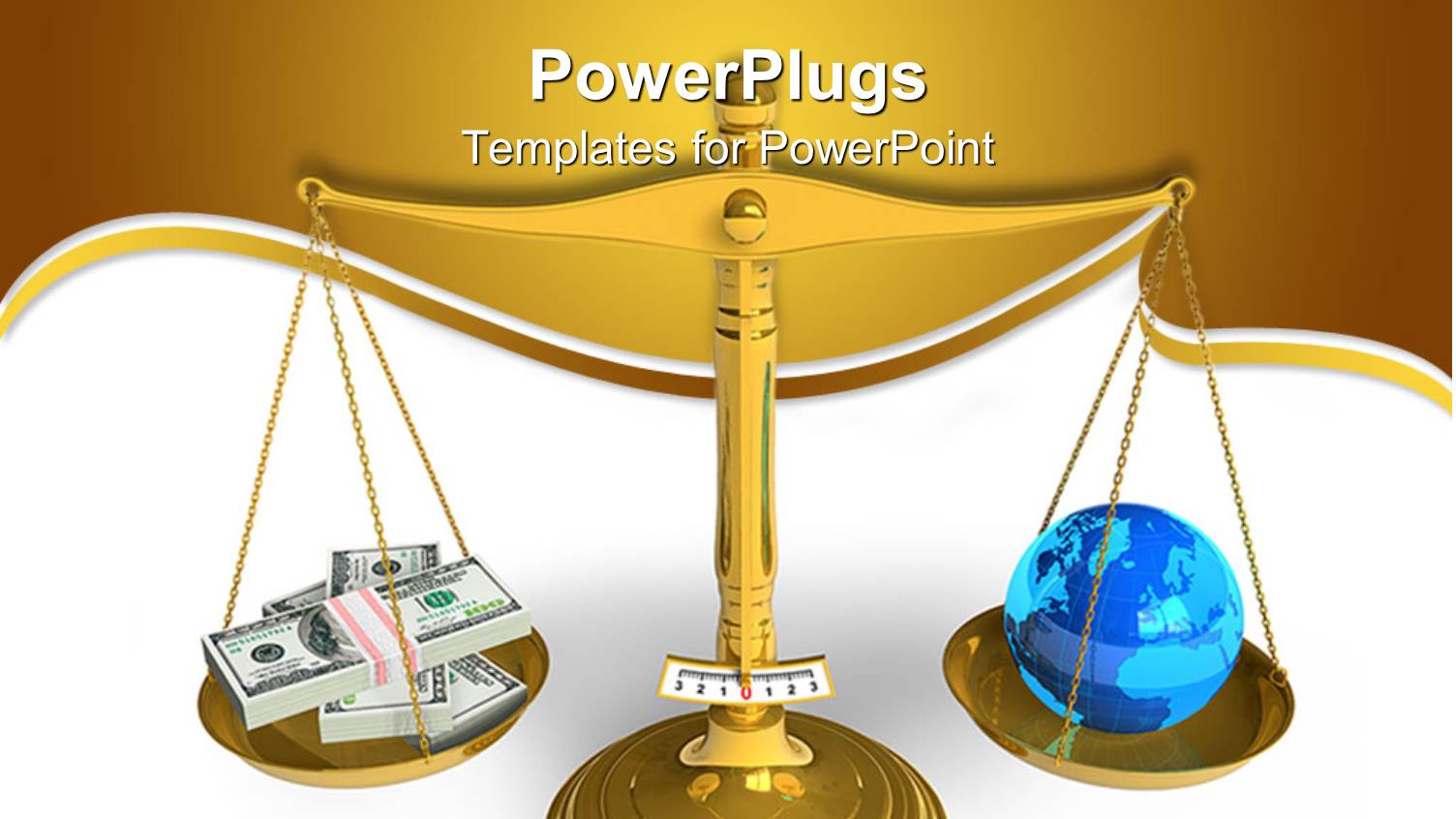 Metallic Balance Scale with Dollar Bill Bundles and Globe on Plates