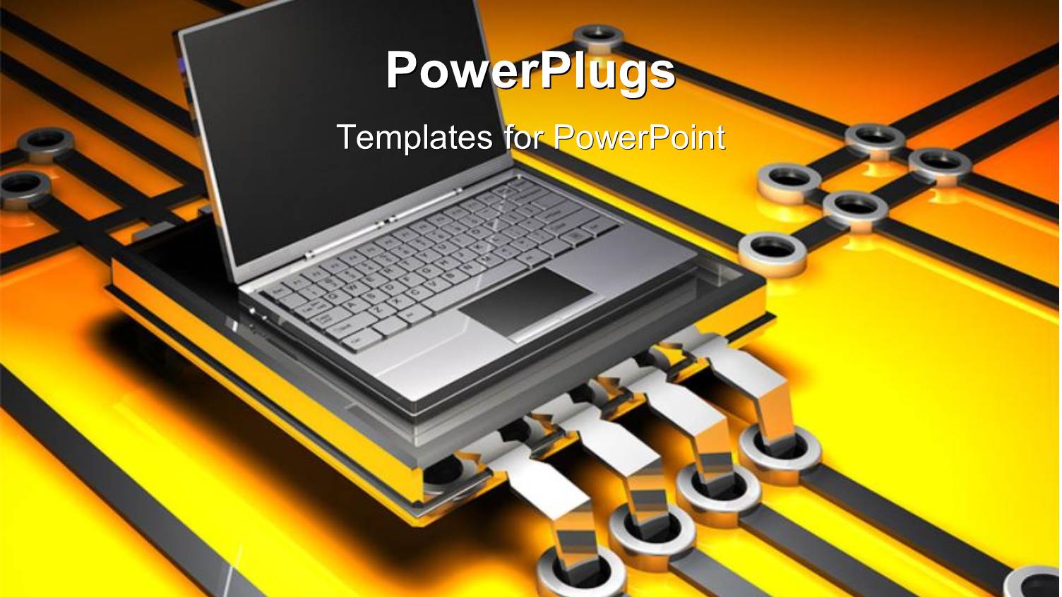 Metallic Laptop on Yellow Circuit Board with Silver Circuit Lines
