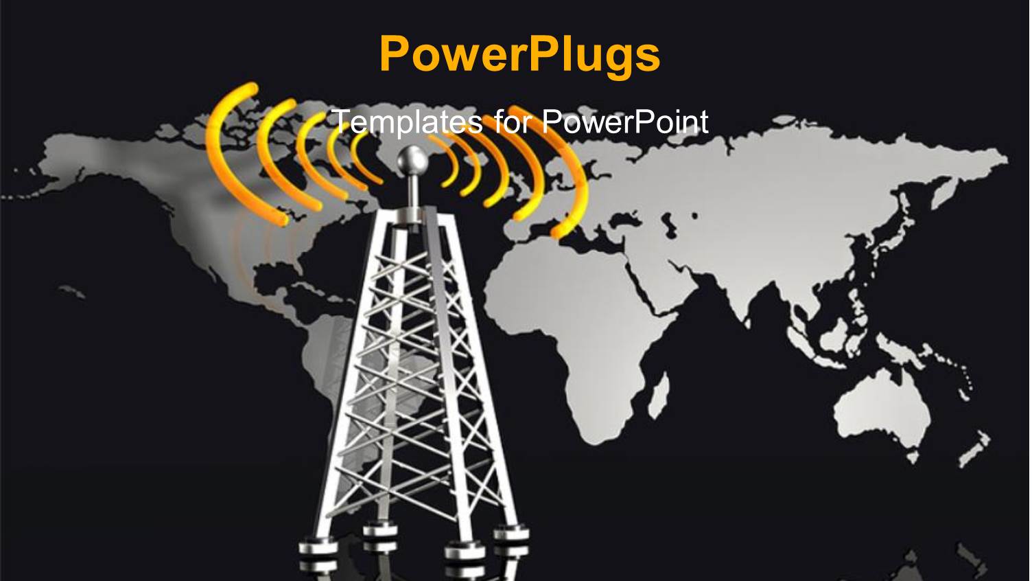 Metallic Radio Tower with Glowing Orange Radio Waves and World Map in Background