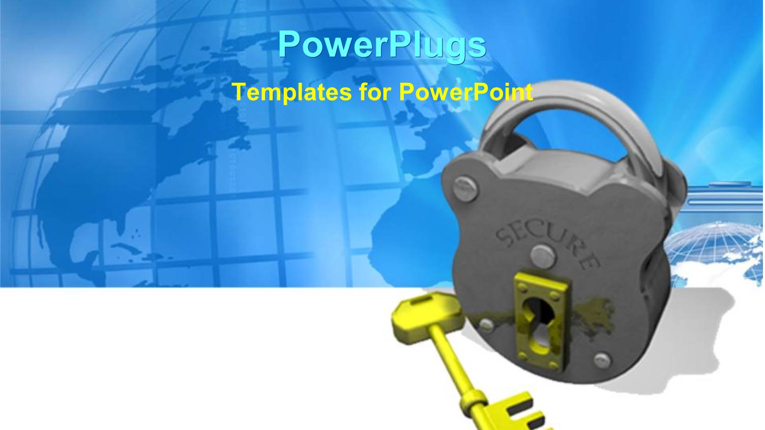 Metallic Silver Lock with Yellow Keyhole and Key and Globe on Blue Background