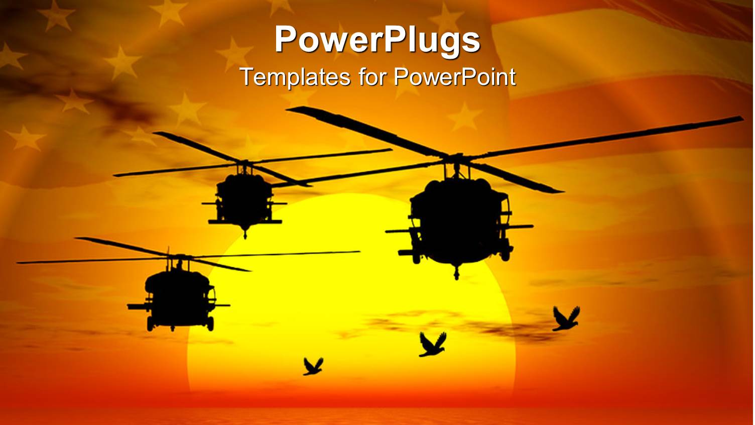 Military Helicopters Flying Over Sea Sunset Sky and American Flag i Background