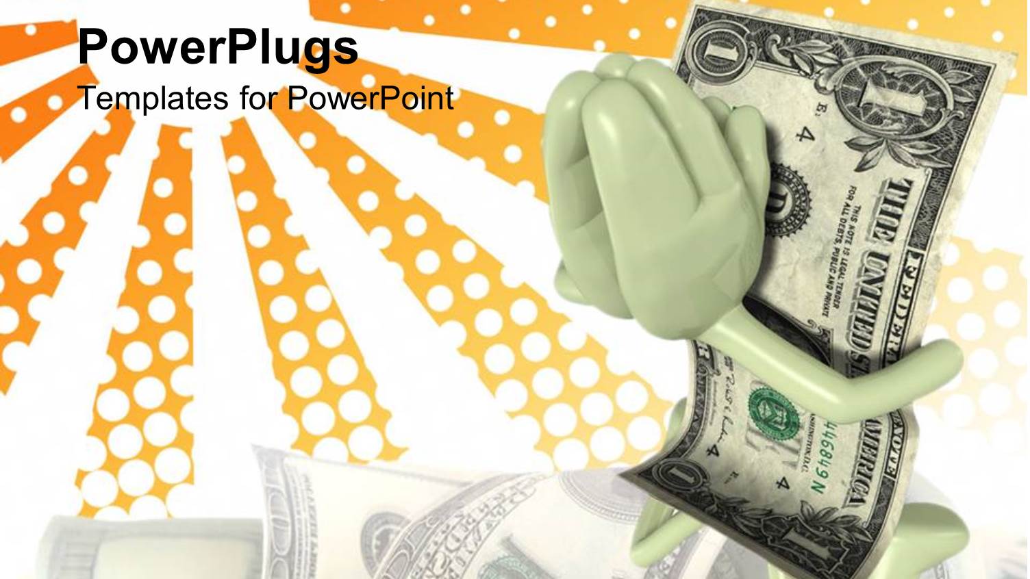 Money Bill with Hands in Prayer Kneeling on Stack of Money Bills with Designed Representation of Sun with Rays