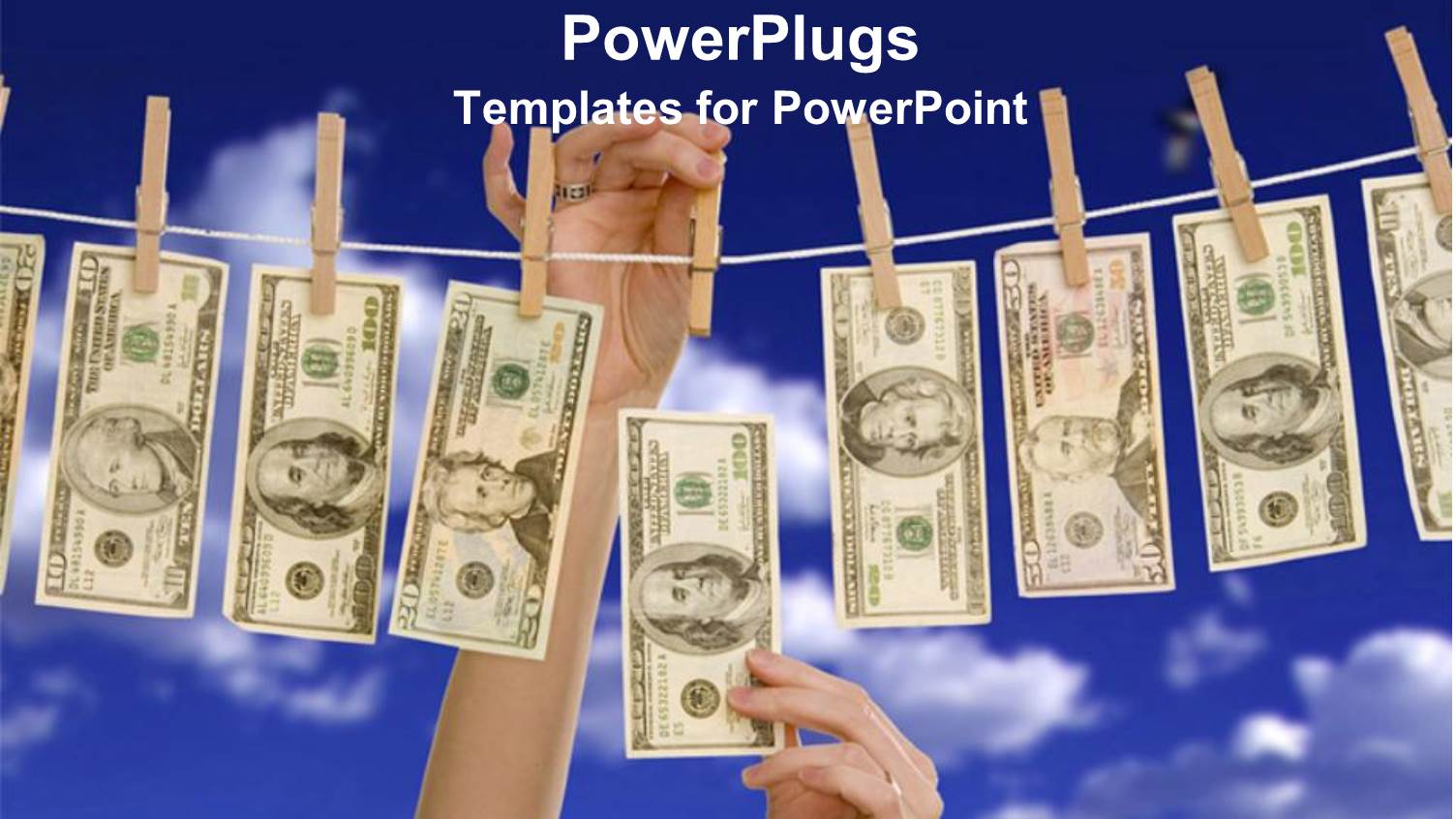 Money Bills Hanging on a Clothes Line Held by Wooden Clothespins and Two Hands Taking Money Bill from the Line on Blue