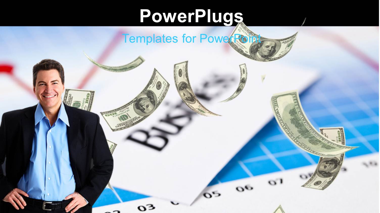 Money Falling on Financial Charts with Business Man Smiling 