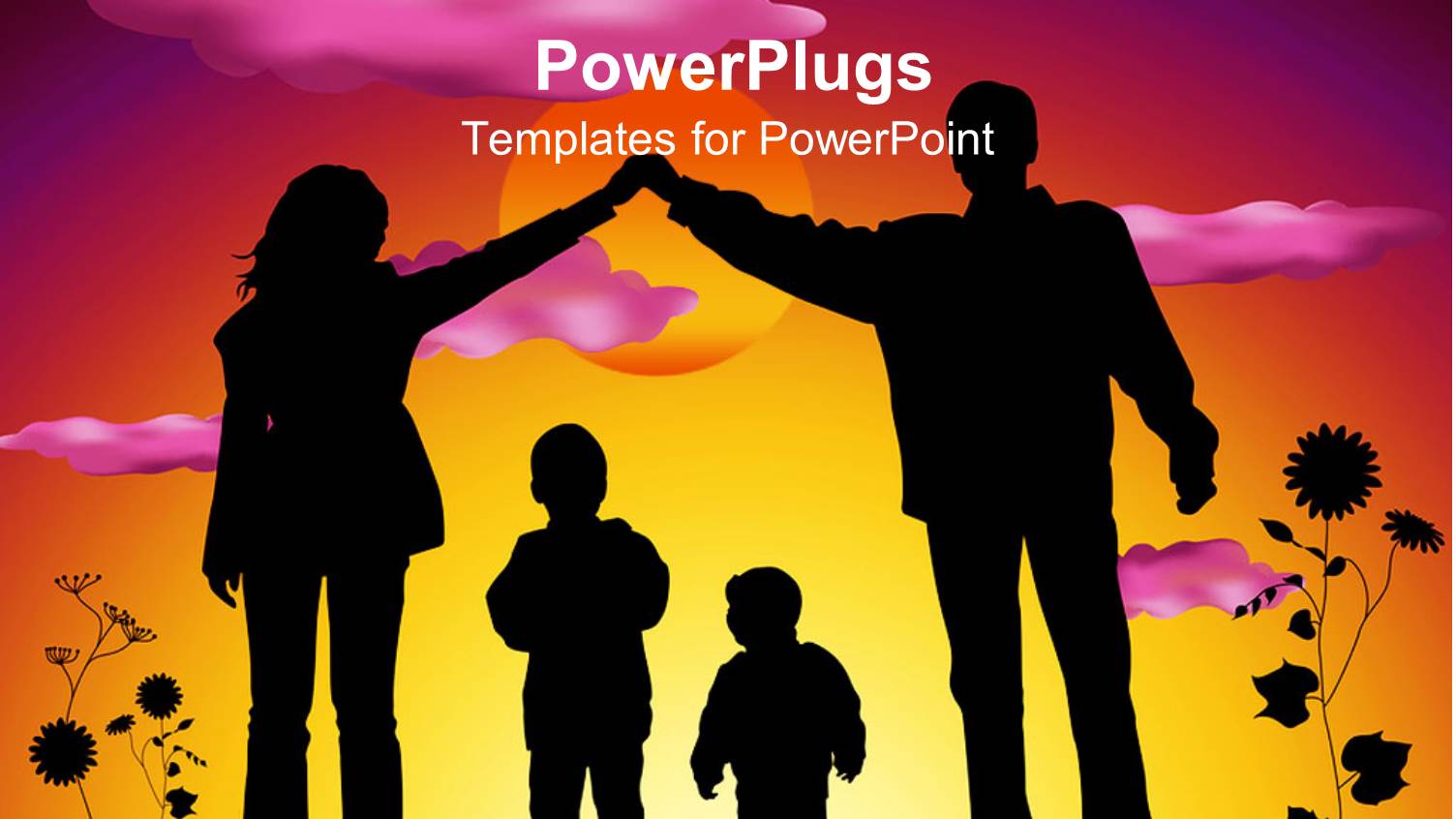 Mother and Father Making Heart Silhouette Over Two Children Sunset Background