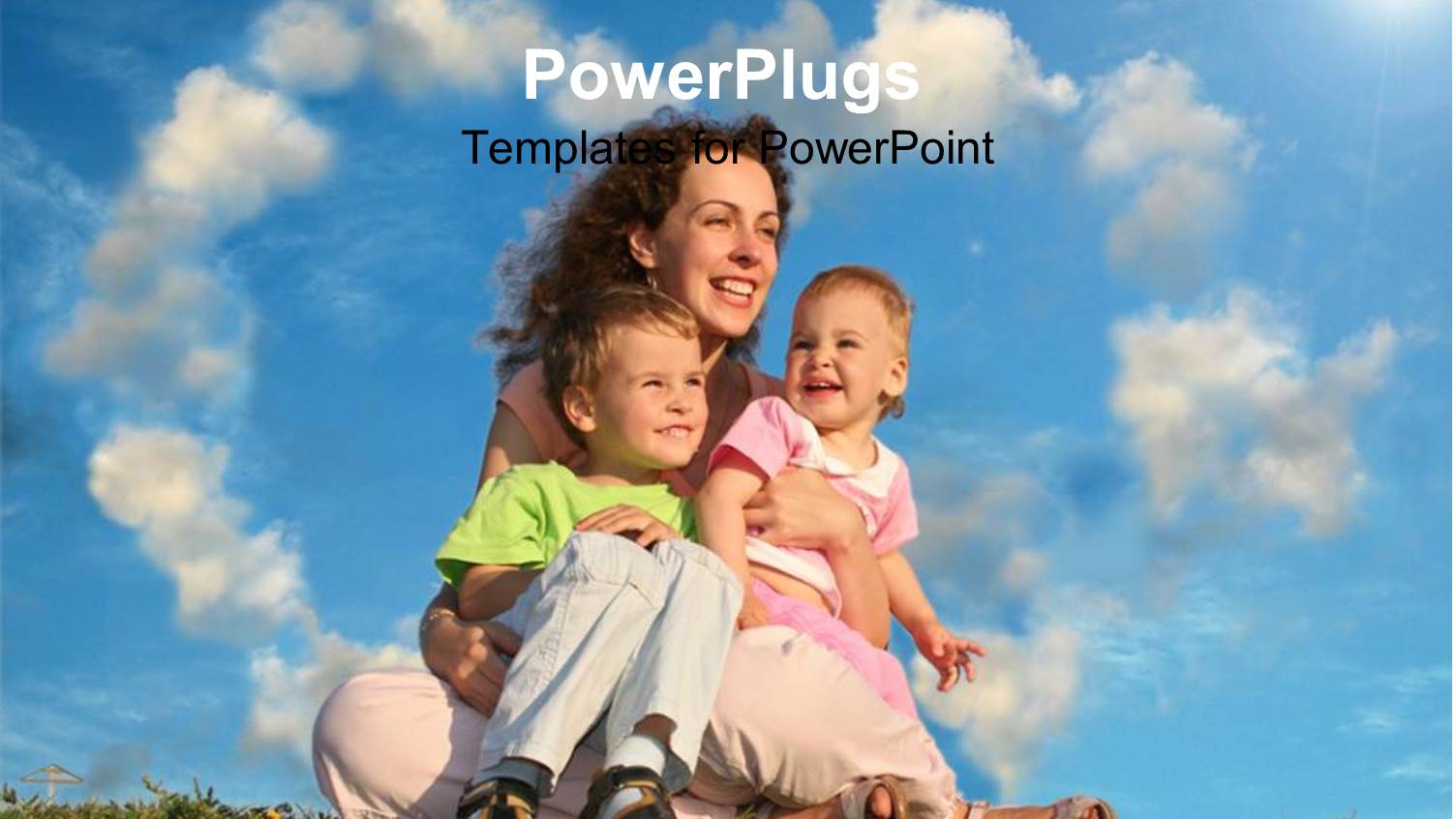 Mother Happy with her 2 Kids Sitting on Grass Cloudy Background