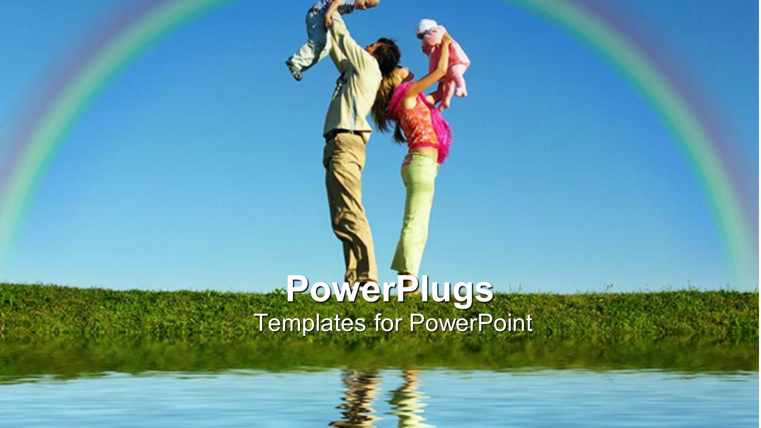 Mother Holding Baby Girl and Father with little Boy Next to Calm Lake with Rainbow