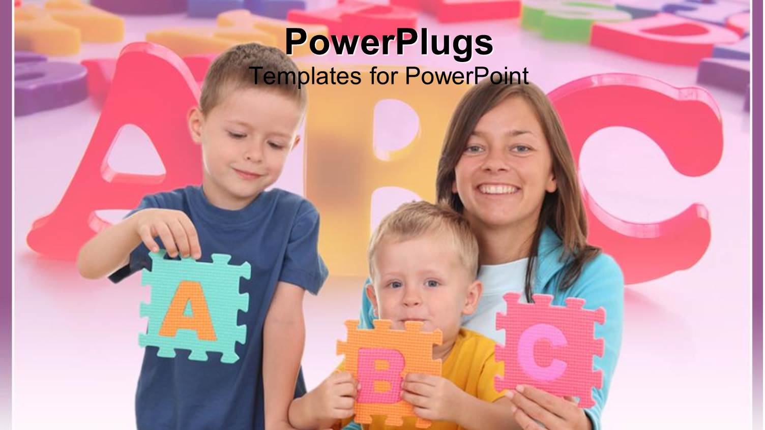 Mother Smiling Happily and Holding Two Boys Leaning Alphabets