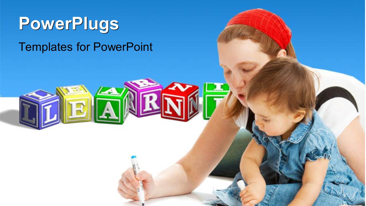 a Mother Teaching her Child and Learning Blocks with a Text that Spells Out the Word 