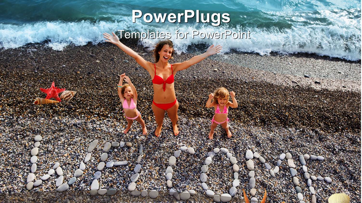 Mother and Two Daughters with WELCOME Sign Made from Stones on Beach