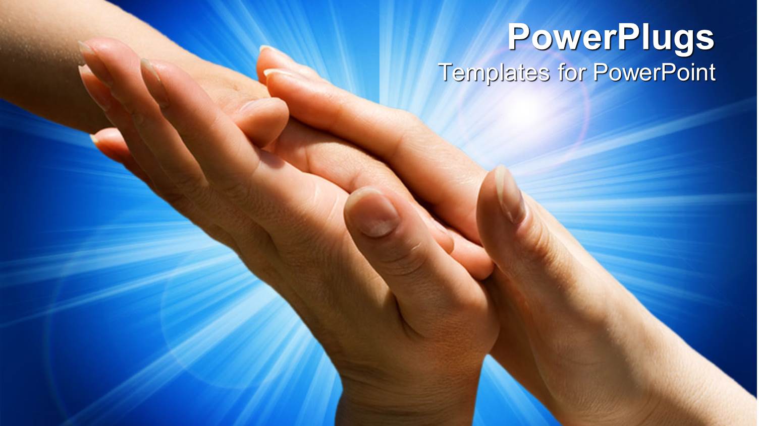 Mother's Hands Holding Child Hand Protecting the Child on Blue Background with Light Rays