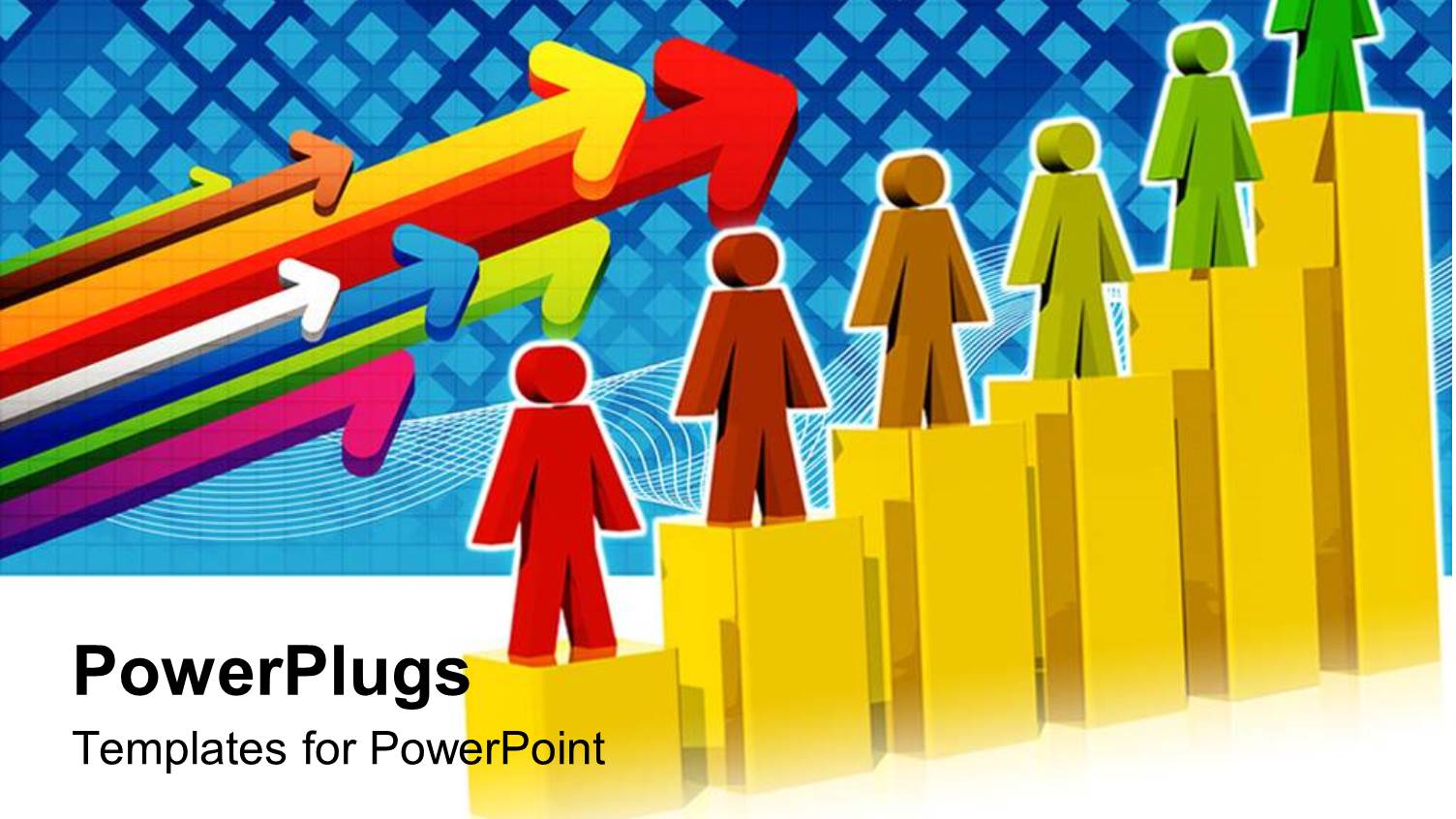 Multi Colored Characters Standing on Gold Colored Bar Charts