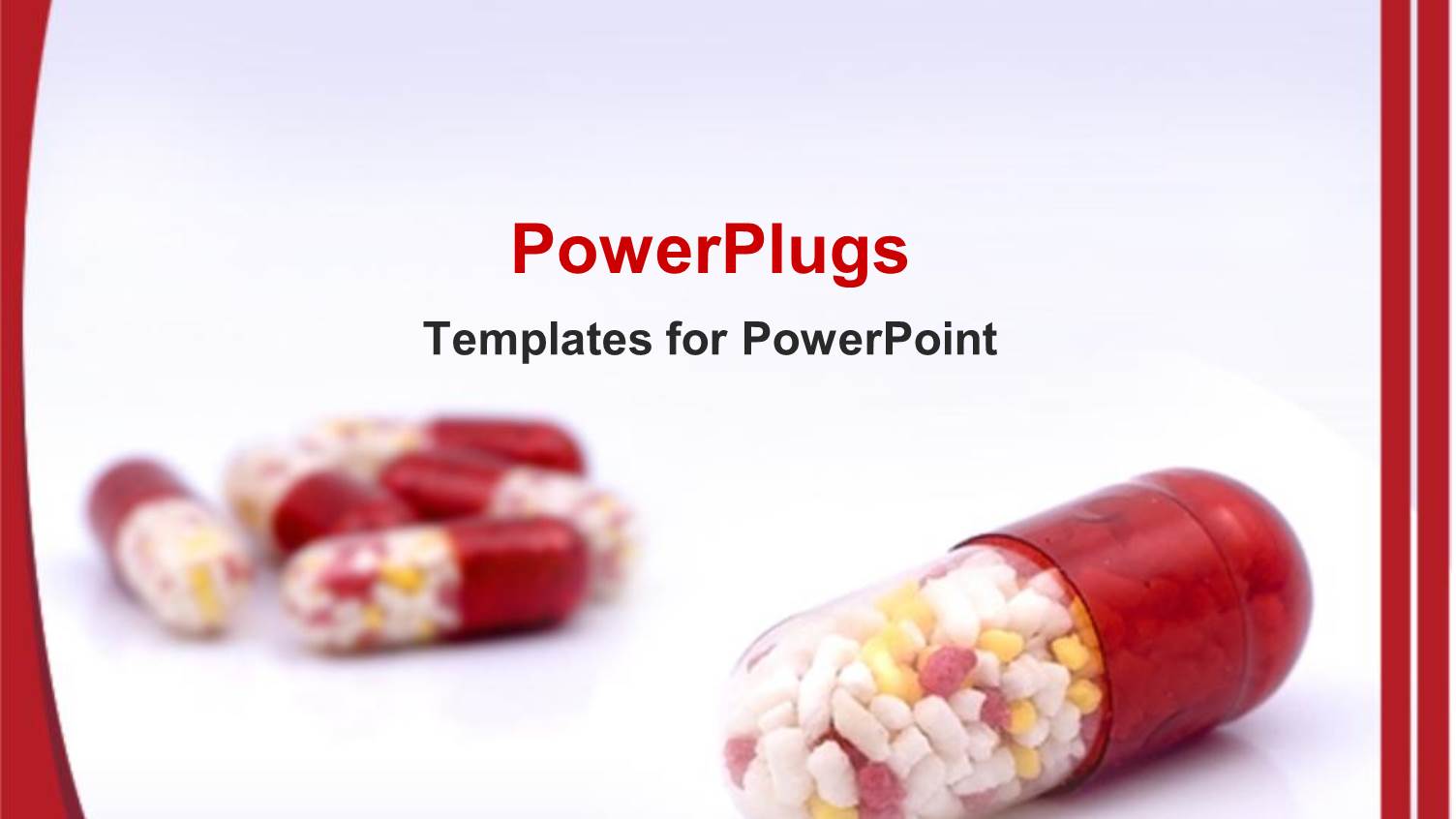 Multicolored Filling Capsules Half-Transparent on Gray and White Background with Red Margins
