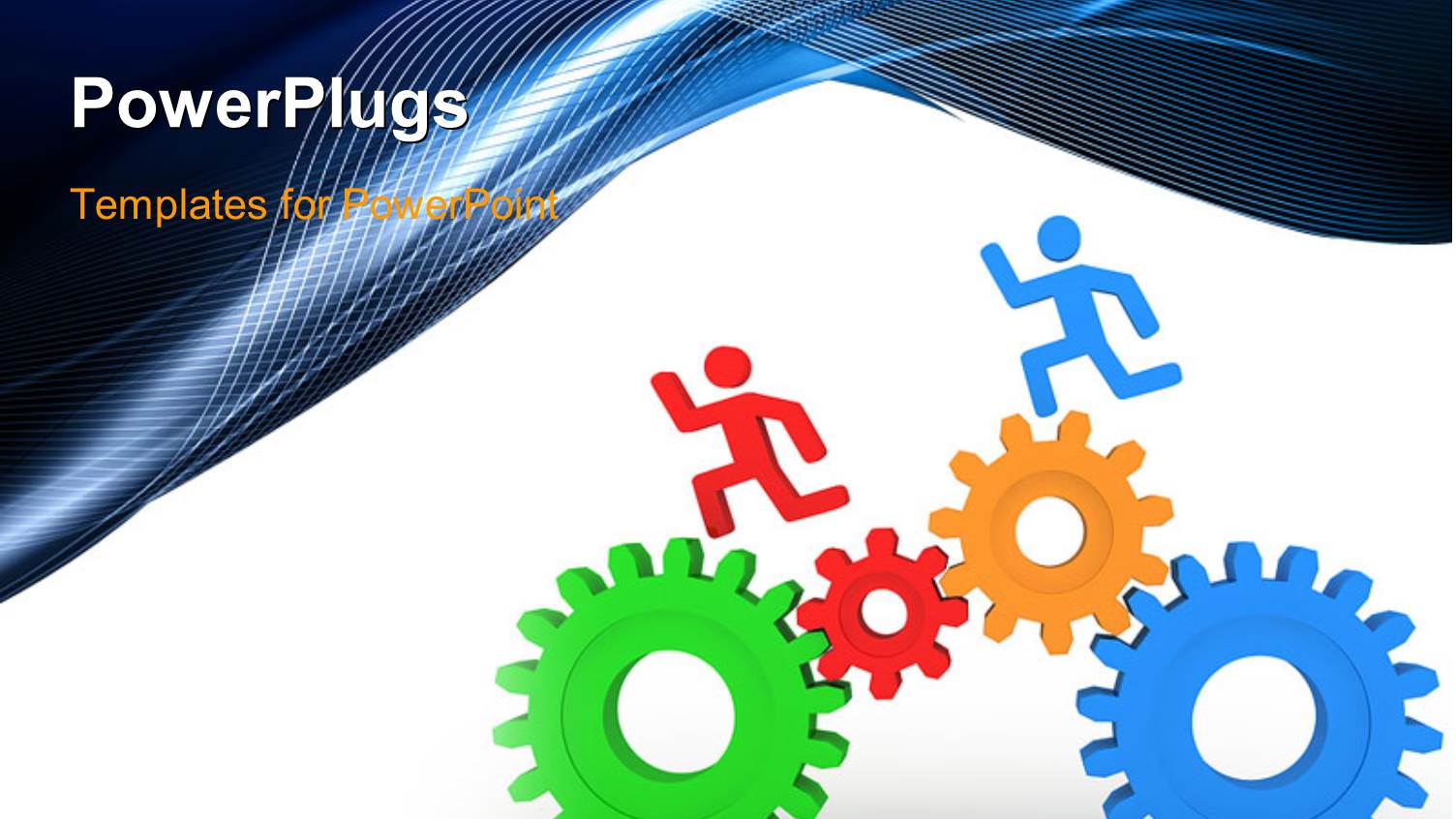Multicolored Gears with Running Figures and Bluish Background