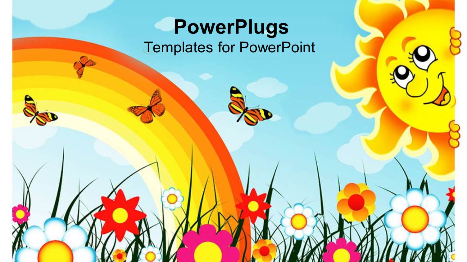 Multiple Colorful Flowers with Rainbow, Butterflies and Smiling Sun