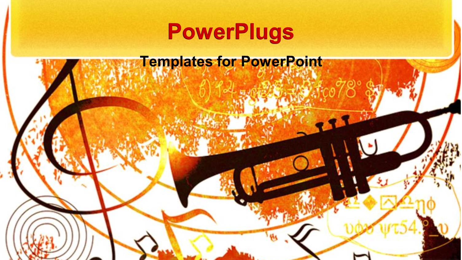 Music Background with Notes, Trumpet Horn, Treble Clef in Orange, Yellow, Black and White