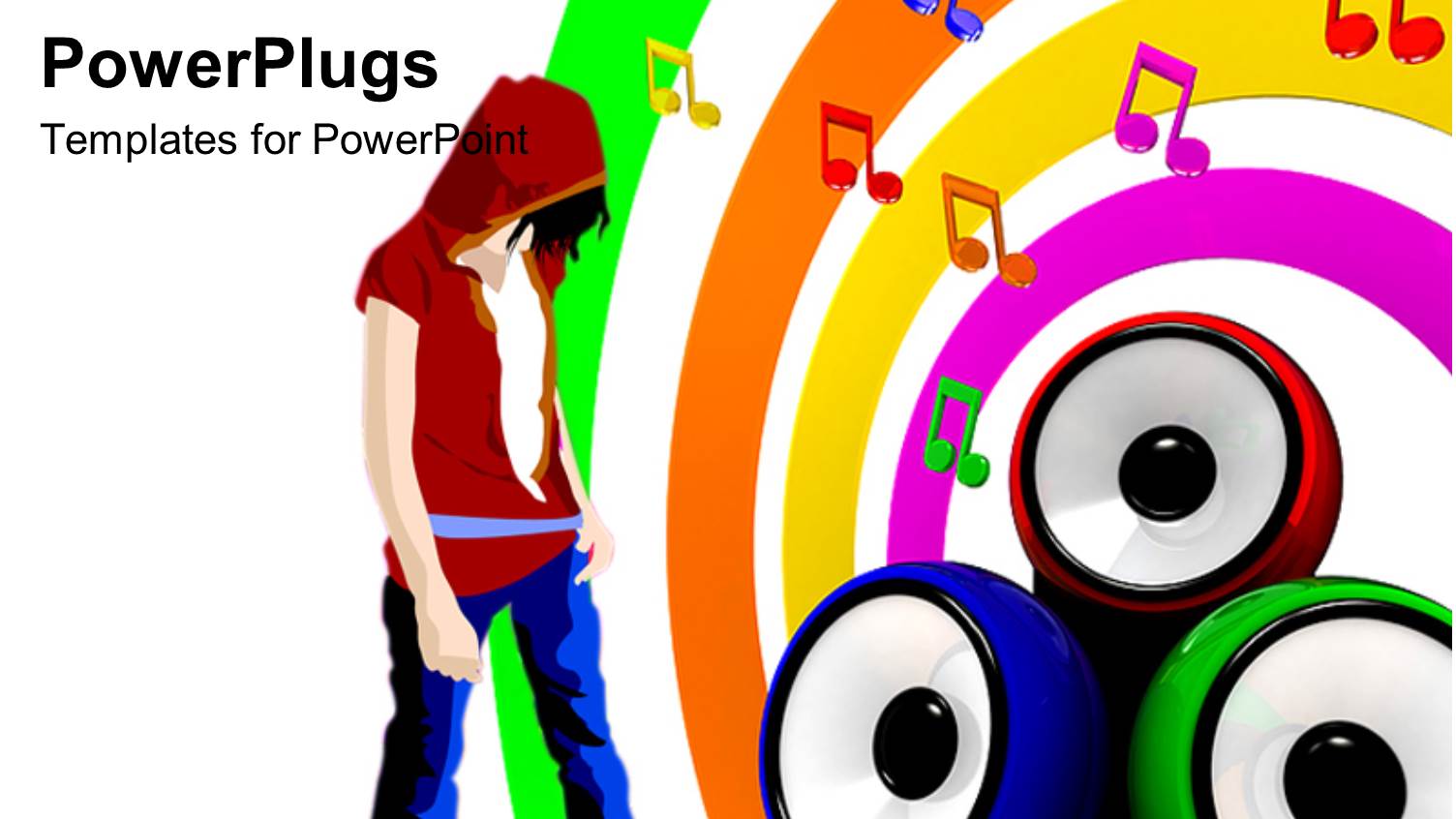 Music Symbols and Three Colorful Speakers and Man on Music Themed Background 