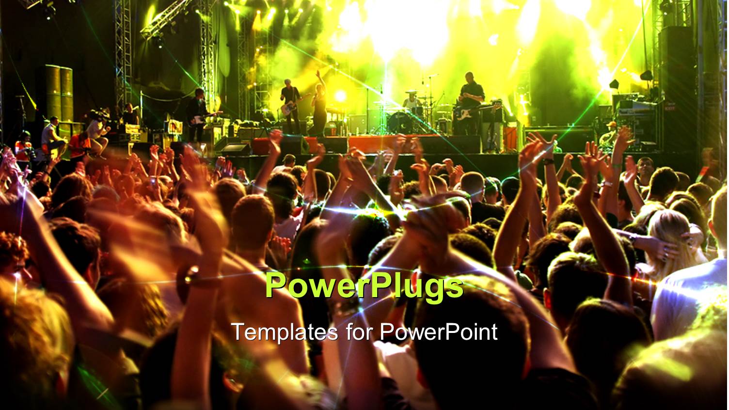 Musical Concert with Stage Lights and People Dancing with Hands Raised 