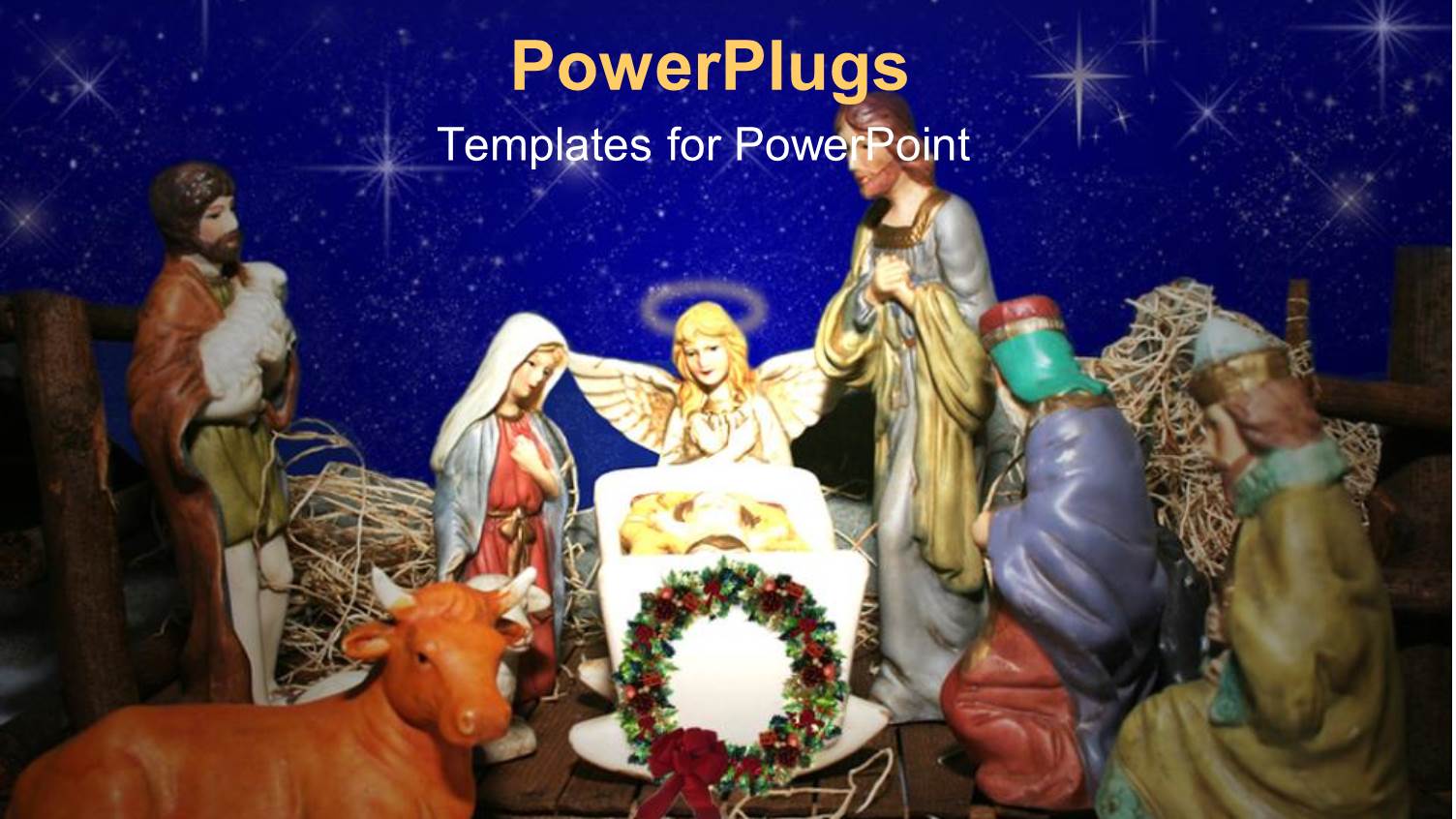 Nativity Scene with Angel and Christmas Wreath