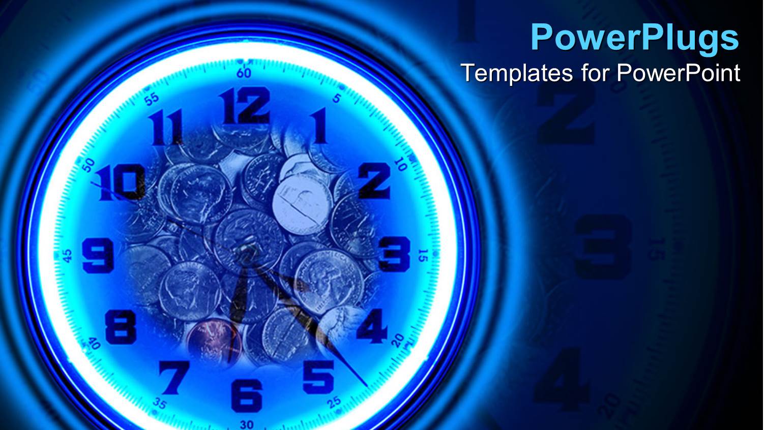 Neon Blue Clock with Coins on a Black Background