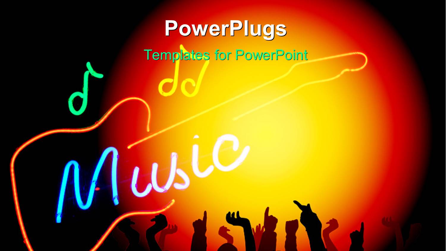 Neon Sign Depicting the Word 'Music' with Music Notes and the Outline of a Guitar with Dancing Group of Youth in