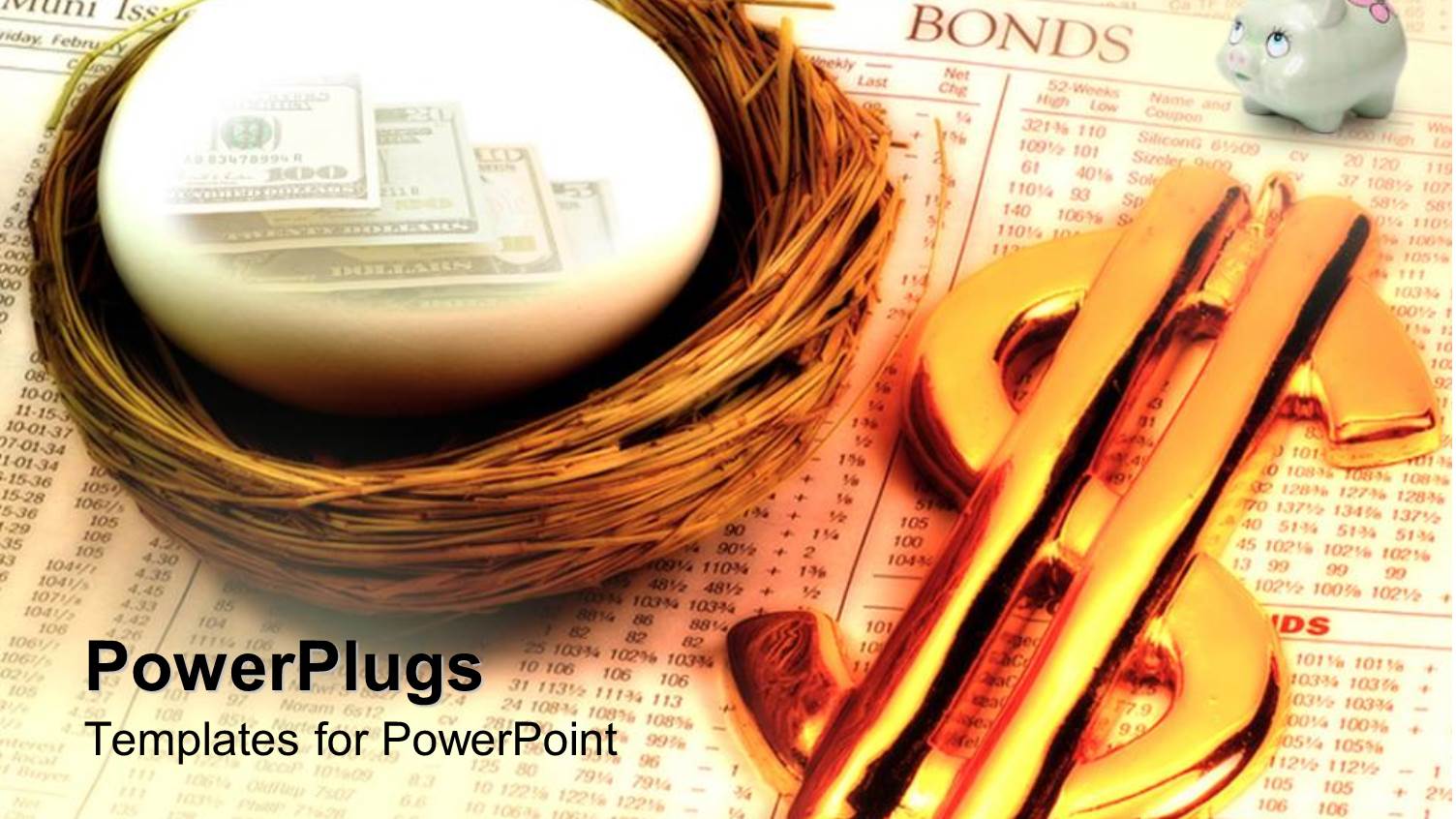 Nest Egg with Hundred Dollar Bills Next to Gold Dollar Sign and Finger Putting Money in Piggy Bank