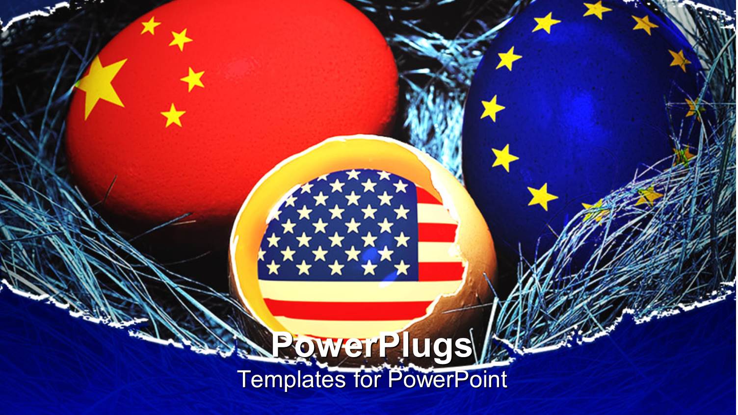 Nest with Eggs with Main Global Flags, American Flag, European Union Flag and Chinese Flag