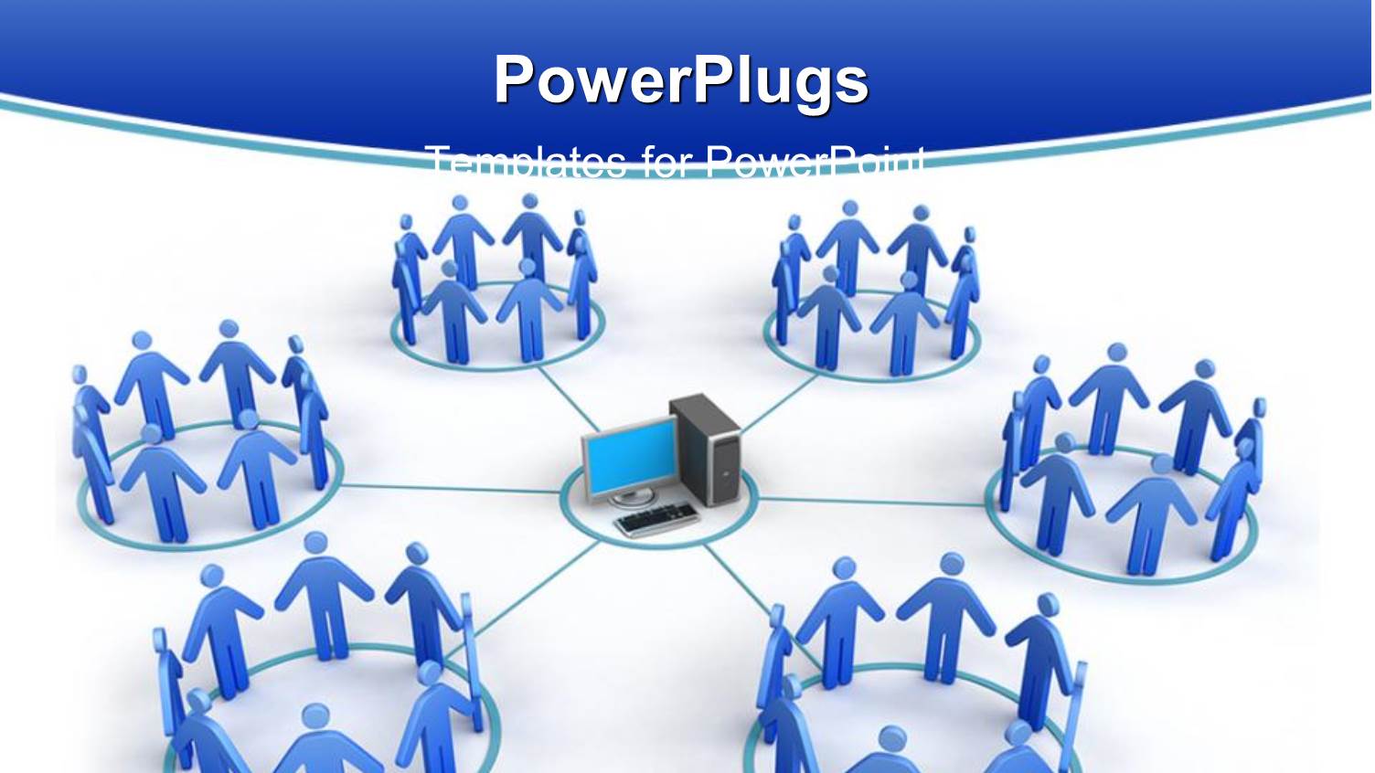 Network with Desktop Computer in Middle Circle Connected to Six Circles Filled with Blue Figures