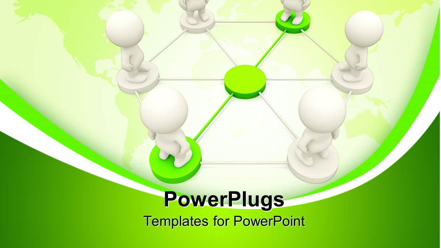 Network with Green and White Connections and 3D White Figures Standing on Connection Circles