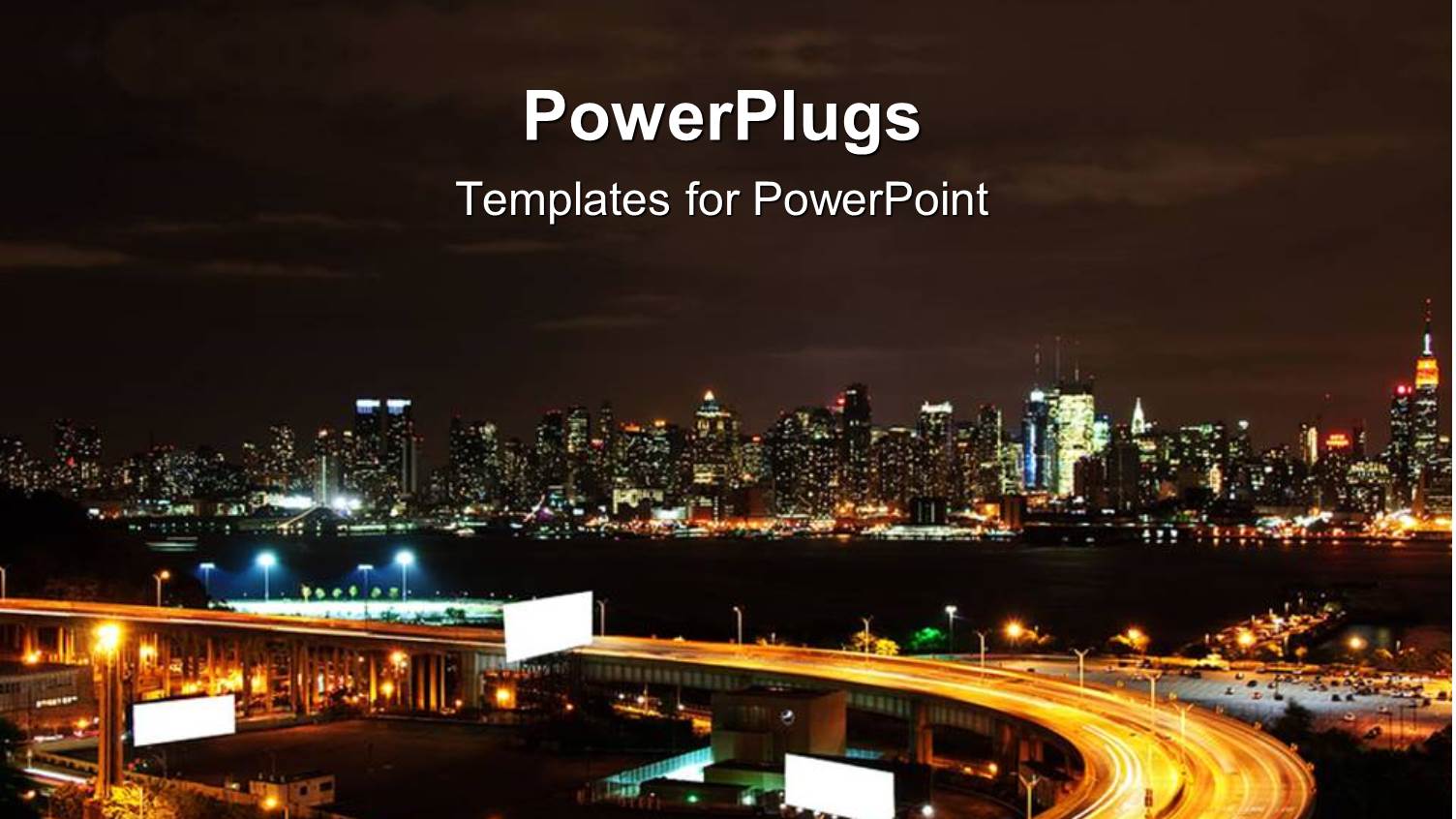 New York City NYC Skyline at Night with Highway, Advertising Billboards