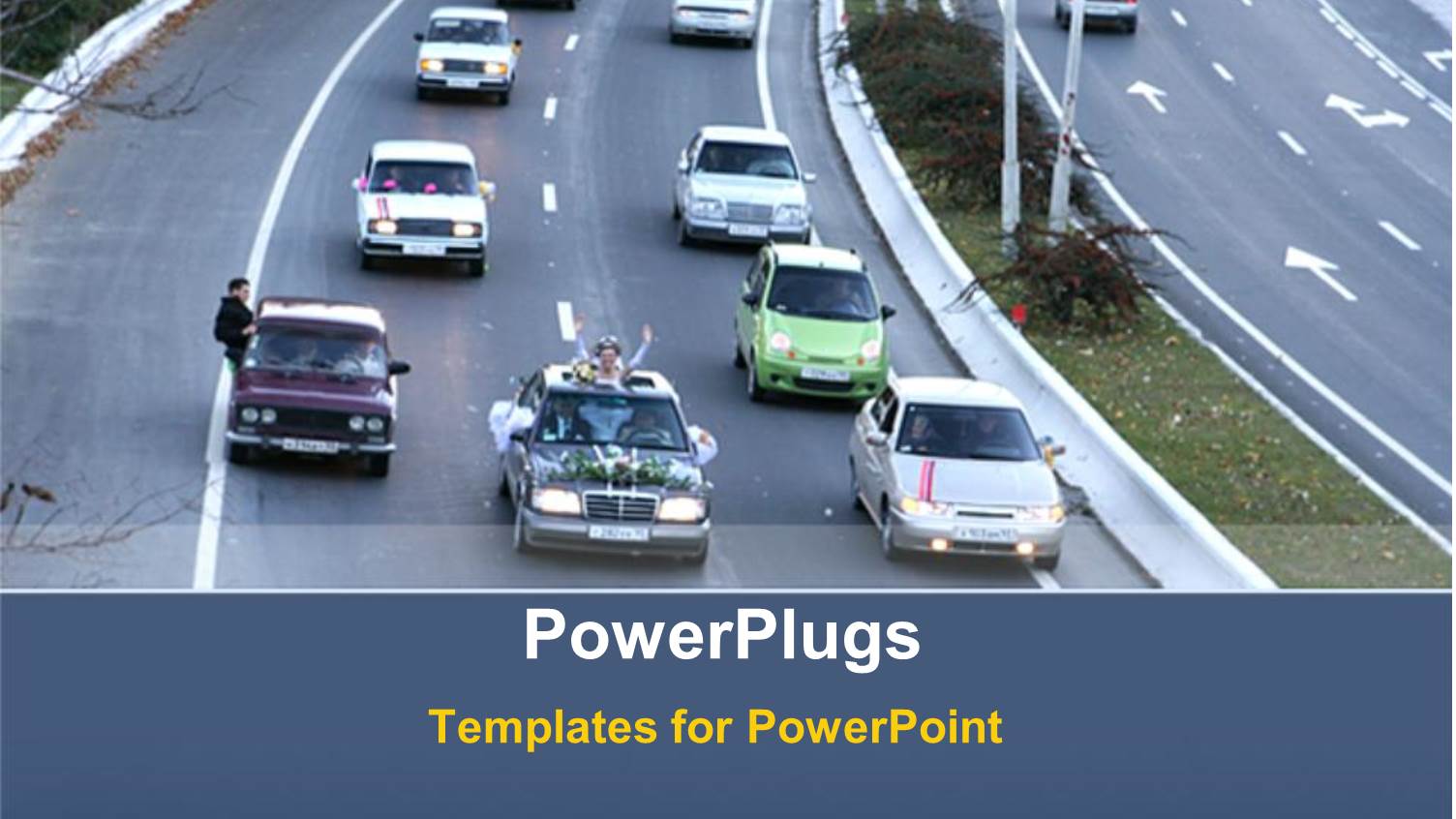 Newlyweds in Car Driving Down Highway