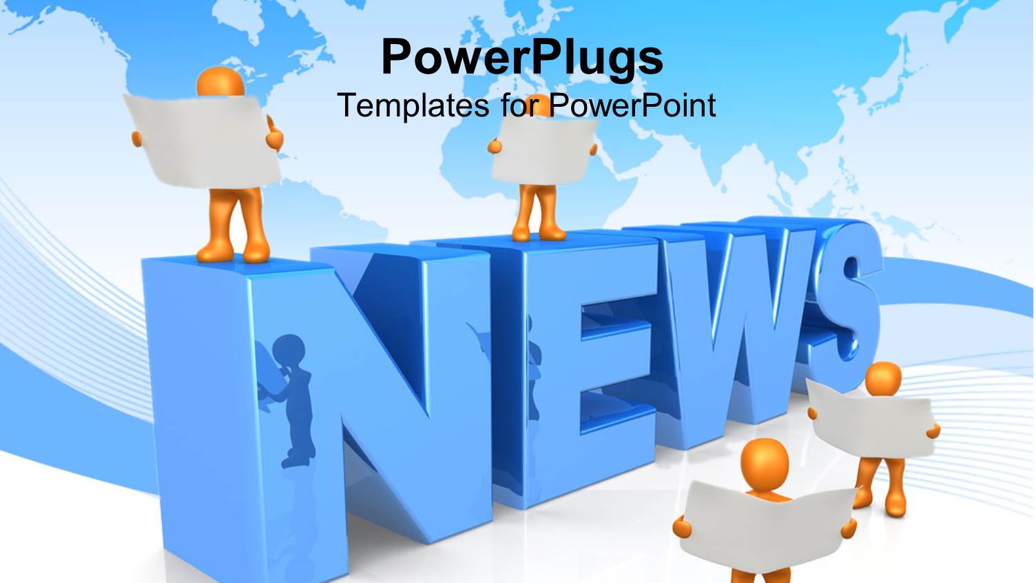 News Concept with Gold People Holding White Reports, Blue World Map Background