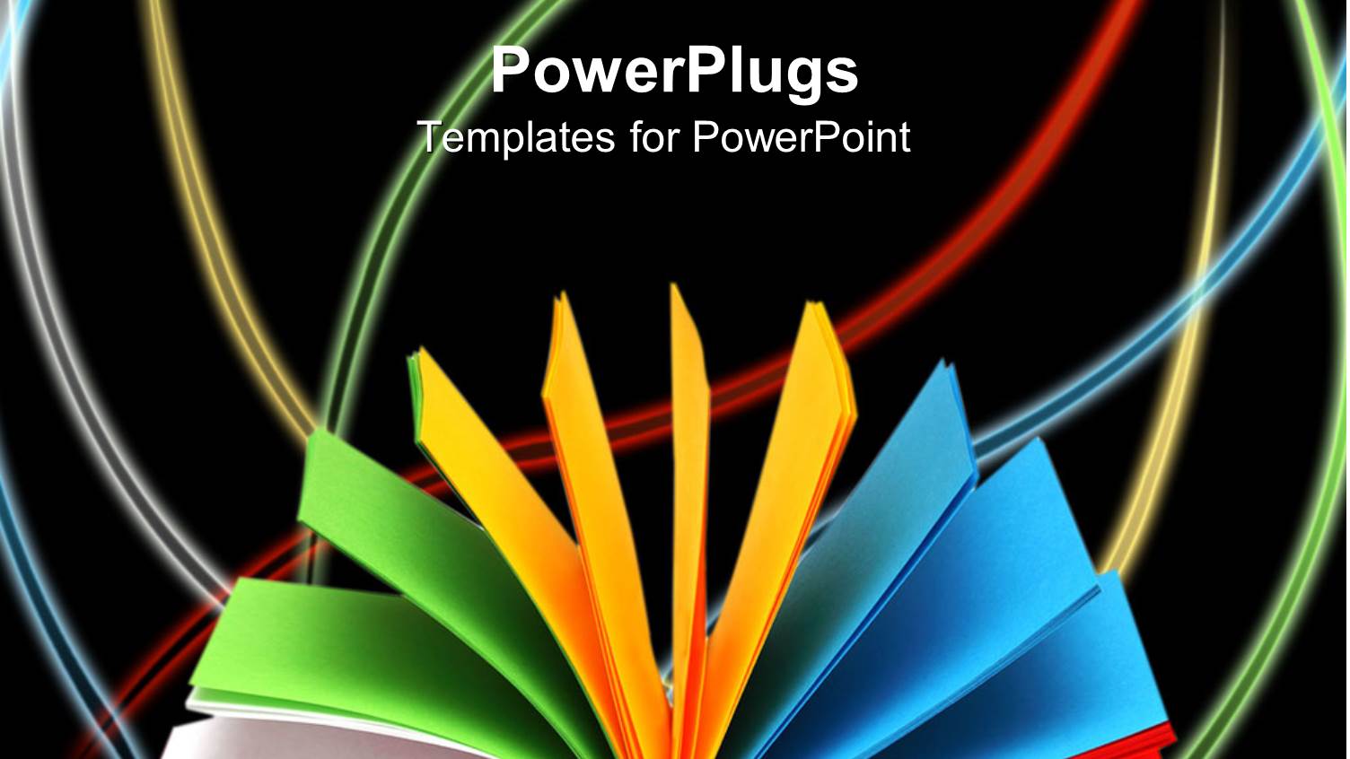 Notebook with Colored Paper Fanned Open on Black Background with Colored Curved Lines