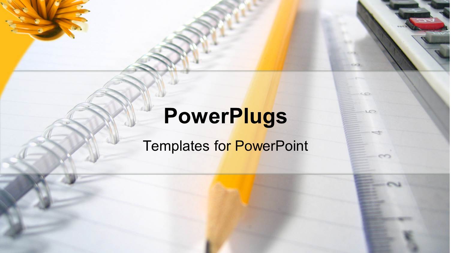 Notepad with big Yellow Pencil Ruler and Calculator White Background