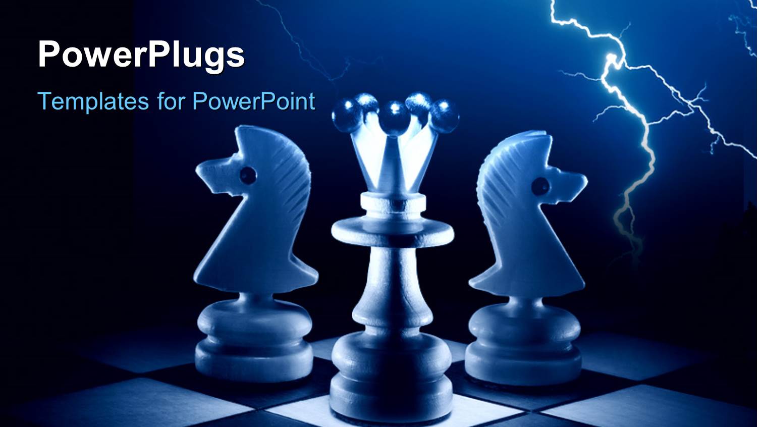 a Number of Chess Pieces with Lightning Bolt in the Background