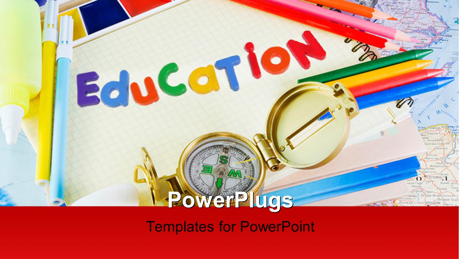 a Number of Color Pencils with the Word Education and Map in the Background