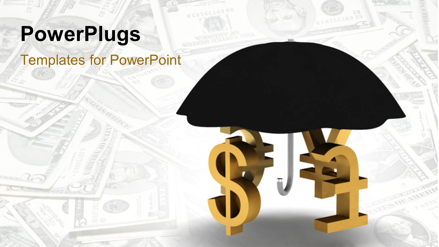 a Number of Currency Signs Under an Umbrella with Dollar Notes in the Background