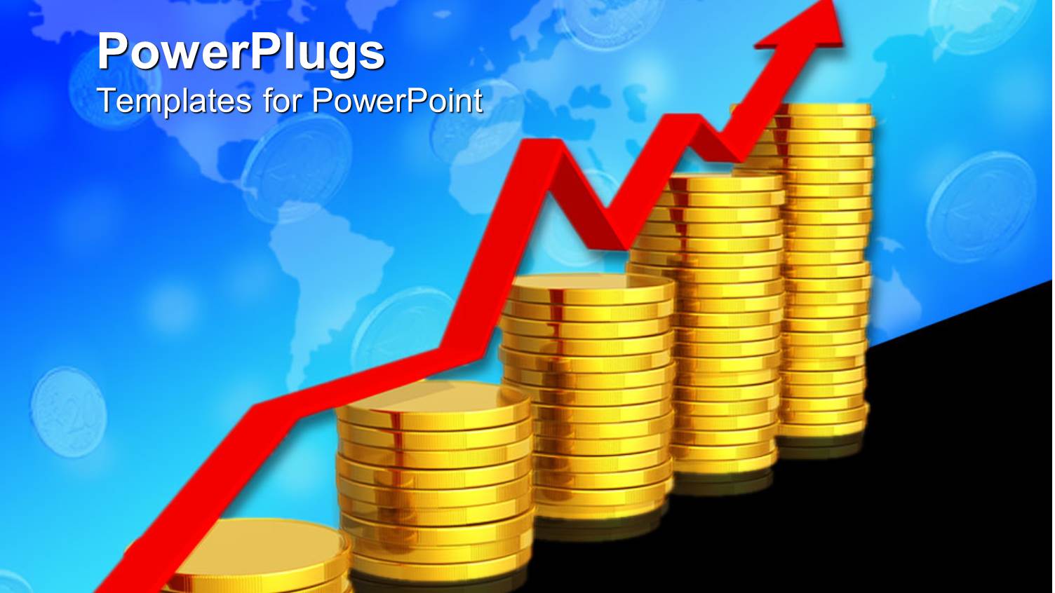 a Number of Gold Coins with a Growth Arrow and Bluish Background