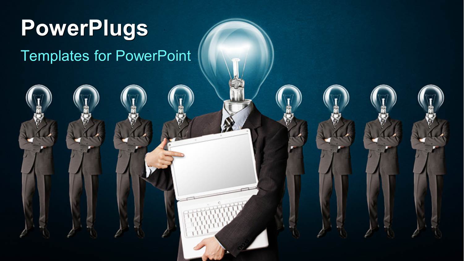 a Number of Ideas with One Holding a Laptop and Bluish Background