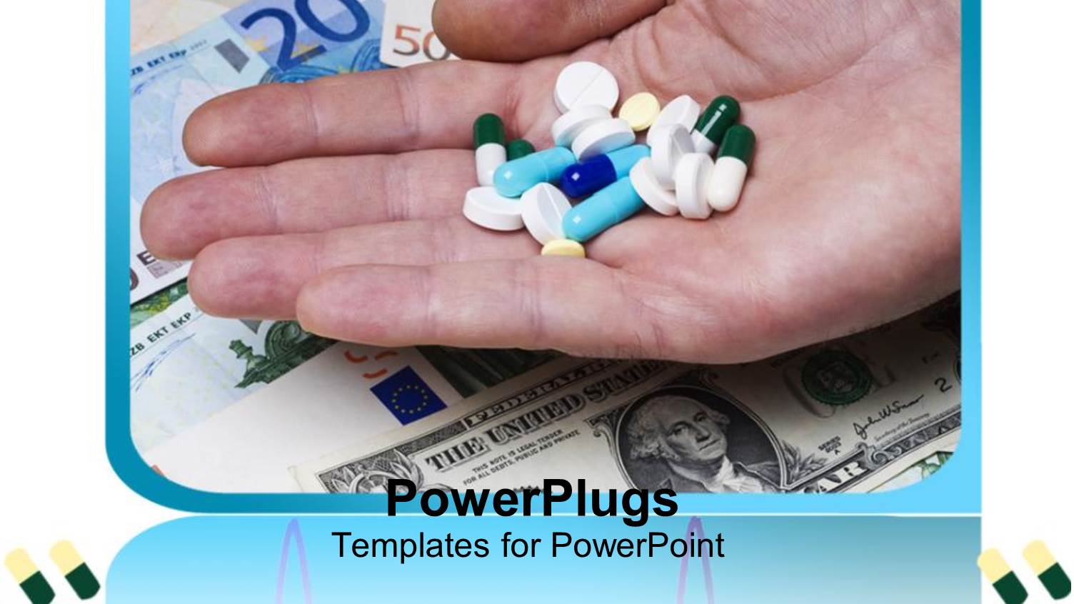 a Number of Medicines Being Placed on a Palm with Currency Notes in the Background